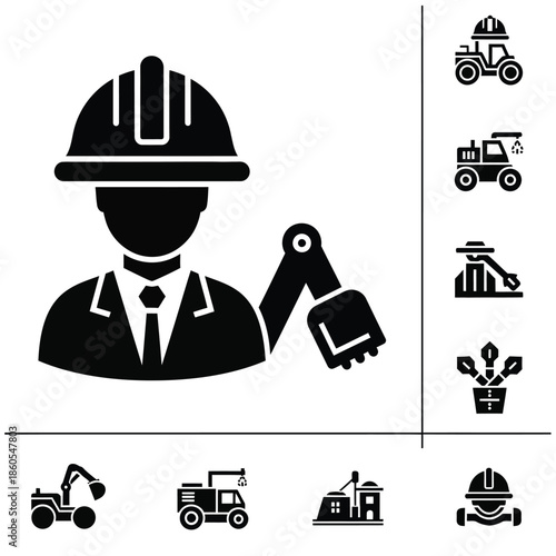 Professional industrial construction worker and heavy machinery engineering icons set in solid black style