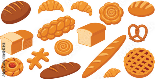 Bakery and bread collection featuring sourdough baguette croissant pretzel and sweet pastry icons for bakery shop cafe menu and culinary vector design.