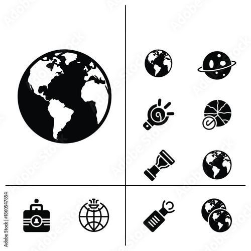 Professional planet earth globe and modern planetary geography science icons set in solid black style