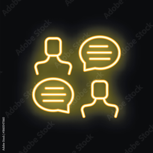 Yellow neon icons representing people communicating with speech bubbles are glowing on a black background