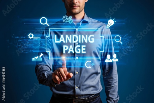 Business, Technology, Internet and network concept. Young businessman working on a virtual screen of the future and sees the inscription Landing page.