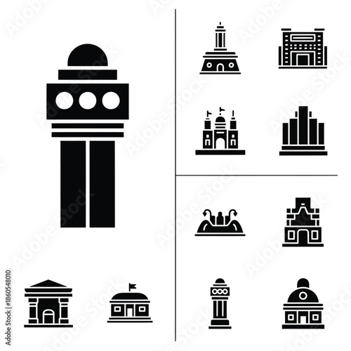 Professional architectural landmark and modern municipal government building icons set in solid black style