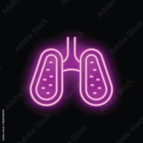 Neon icon of human lungs is glowing purple on a black background