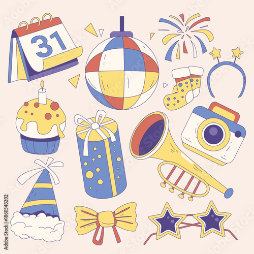 Festive collection of New Year's Eve celebration elements including calendar, disco ball, fireworks, gift, cupcake, party hat, and more, perfect for event invitations and decorations