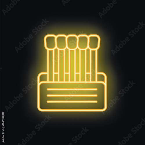 Yellow neon icon of matches standing in open matchbox is glowing on black background