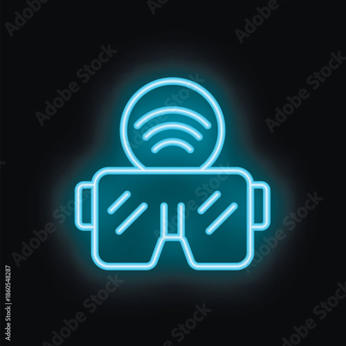 Glowing blue neon icon of virtual reality glasses headset connecting to wireless network on black background
