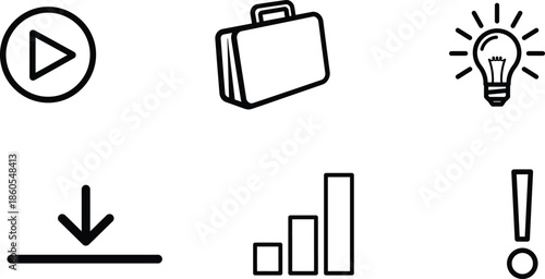 business icons set with play button briefcase lightbulb download graph and exclamation mark