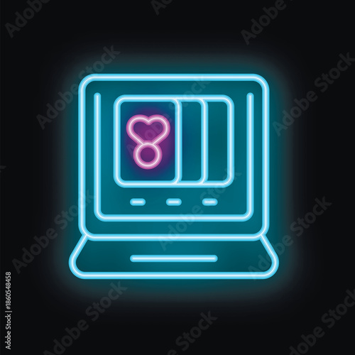 Neon icon of a dating app showing a female profile with a heart symbol, representing the concept of online dating