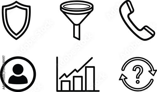 business icons set with shield funnel phone graph person and question mark