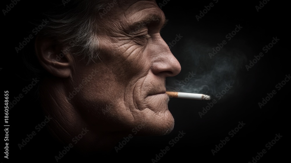 Fototapeta premium A Thoughtful Portrait of a Mature Man Reflecting on Smoking Cessation and Regret in a Dark, Atmospheric Setting