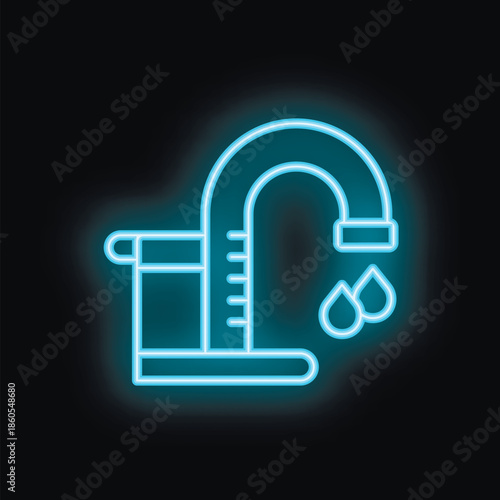 Blue neon icon of a water meter measuring water consumption