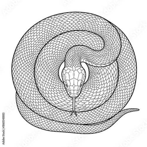 Coiled snake with open mouth isolated on white background, illustration