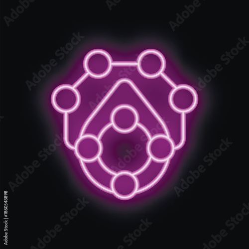 Purple neon icon representing a network, symbolizing global business connections, data flow, and technological innovation