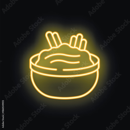 Yellow neon sign illustrating a bowl full of hummus with breadsticks