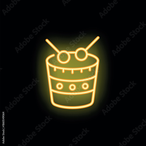 Yellow neon drum glowing on a black background, representing music, nightlife, and entertainment