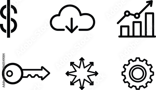 Collection of business and technology icons including finance cloud download growth key gear and arrows