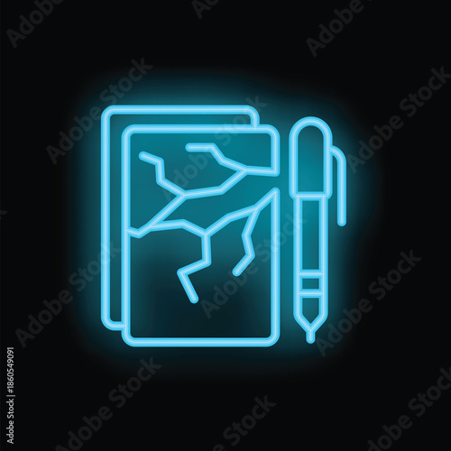 Glowing neon icon depicting a broken contract with a pen, symbolizing the end of a legal agreement