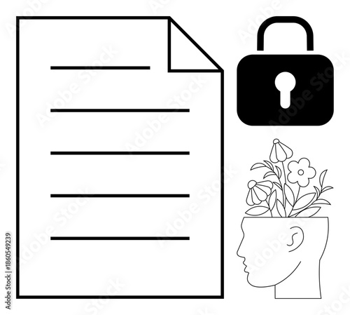 Paper file with lines, lock icon for security, and human profile with flowers symbolizing creativity. Ideal for data privacy, innovation, mental health, education, intellectual property, knowledge