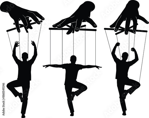 Marionette puppet silhouettes set with hands controlling dancing men isolated on white background, manipulation power control concept black vector illustration collection