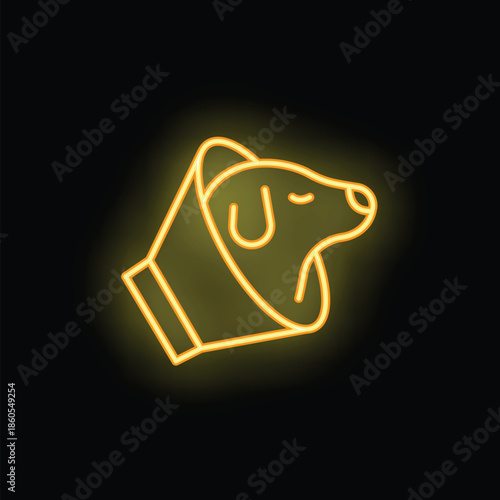 Neon icon of a dog wearing a medical cone, glowing yellow on a black background