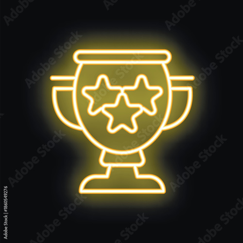 Yellow glowing neon icon of a trophy cup adorned with three stars, symbolizing victory and accomplishment