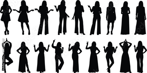 Women silhouettes set with standing dancing posing gestures isolated on white background, female fashion lifestyle concept black vector illustration collection editable