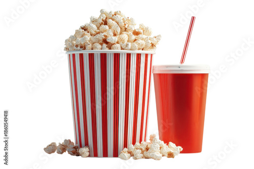Movie theater snack combo featuring popcorn and soda on transparent background