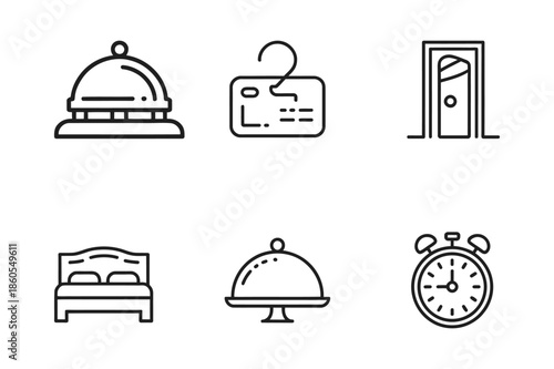 Hotel service and hospitality guest room outline icon set