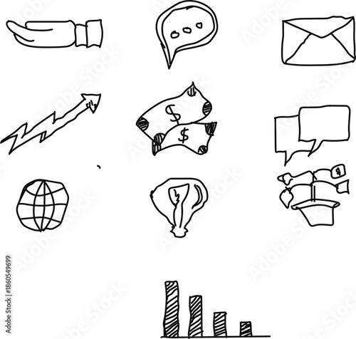 Print Money and finance doodle set. Dollar Banknotes in sketch style. Banking related elements. Vector illustration isolated on white background.