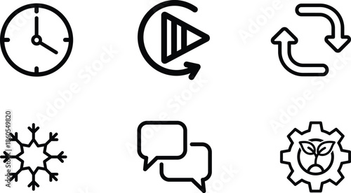 set of six modern outline style icons including clock snowflake chat