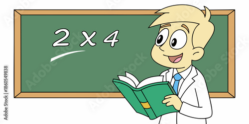 Cartoon Boy Student Solving Math Problem on Chalkboard