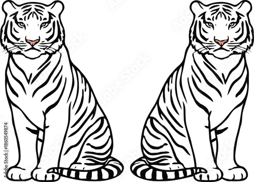A black and white line drawing of two tigers sitting side by side looking forward with stripes and whiskers