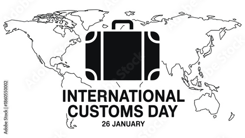 International customs day illustration with suitcase icon and world map background highlighting global trade travel and customs regulation awareness concept