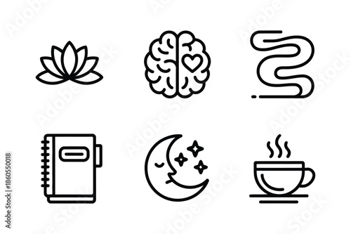 Mindfulness meditation and mental wellness line icon set
