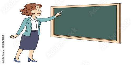 Female Teacher Pointing at a Blank Chalkboard Vector Illustration