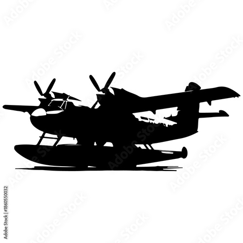 Silhouette of a twin-engine seaplane with propellers on white background airplane