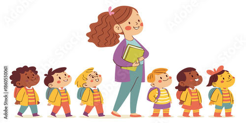 Teacher and diverse students with backpacks cartoon illustration