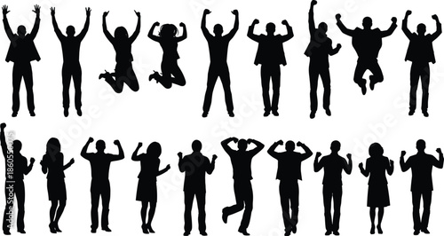 Happy jumping people silhouettes collection, excited crowd celebration poses vector illustration for success concept background, energetic team motivation artwork, joyful lifestyle design