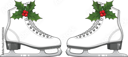 White Ice Skates with Holly Leaves and Red Berries Festive Christmas Winter Sport Vector Illustration