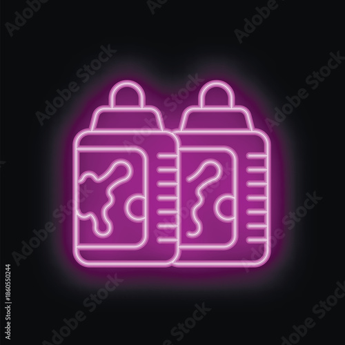 Purple neon sign of two camping lanterns glowing on black background with copy space