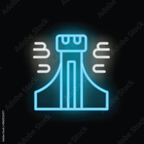 Blue neon sign representing a bouncy castle with a tower, isolated on a black background