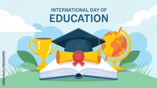 International day of education illustration with open book, graduation cap, trophy and medal celebrating academic success and learning awareness
