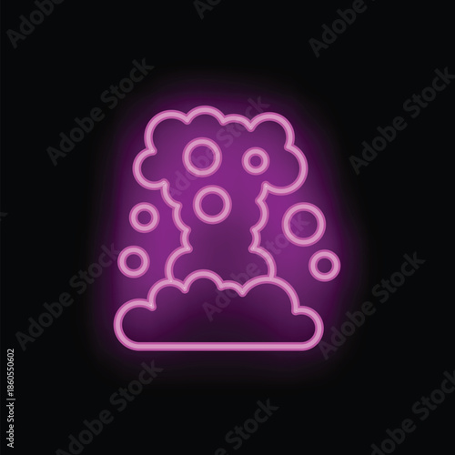 Vivid pink and purple neon sign depicting a rising puff of smoke on a black background