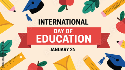 International day of education banner with graduation caps, books, ruler and floral elements celebrating global learning on january 24