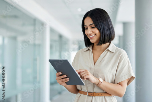 Free Download A woman in a beige outfit works on a tablet in a bright, modern office with glass walls and neutral tones creating a professional ambiance. - GFXLoad