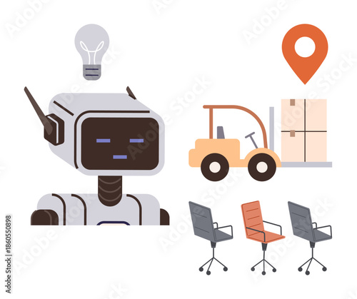 Robot head with light bulb, forklift moving packages, office chairs, and location pin. Ideal for technology, logistics, innovation, workplace automation transportation business. Vibrant flat