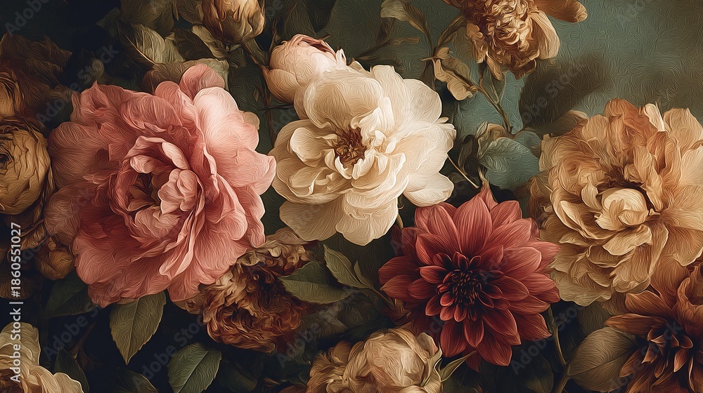Elegant, vintage floral wallpaper, seamless pattern with antique roses, peonies and dahlias in muted tones of dusty pink, olive green