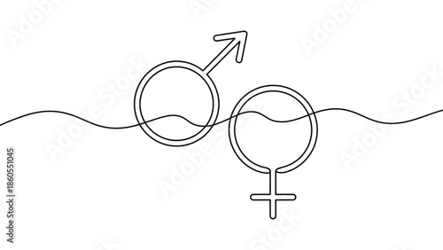 Male and female gender symbols connected by abstract line in minimal outline style isolated on white background for relationship concept design