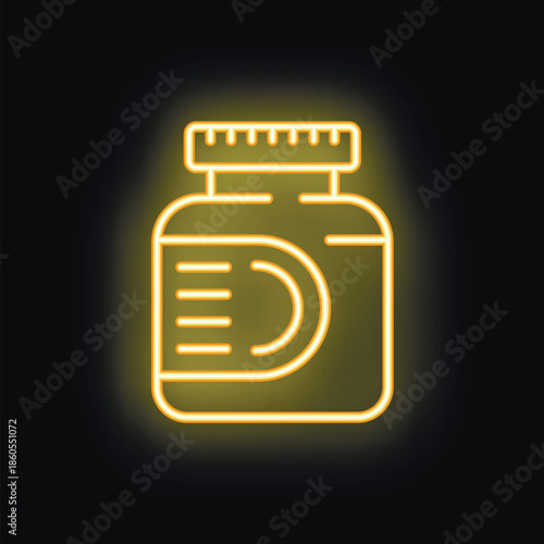 Bright neon sign depicting a container of sports nutrition, perfect for themes of fitness, bodybuilding, and healthy lifestyles