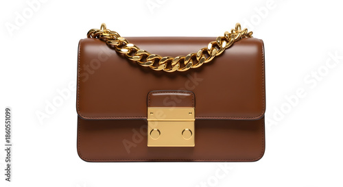Luxury brown leather handbag with gold chain strap isolated on transparent background